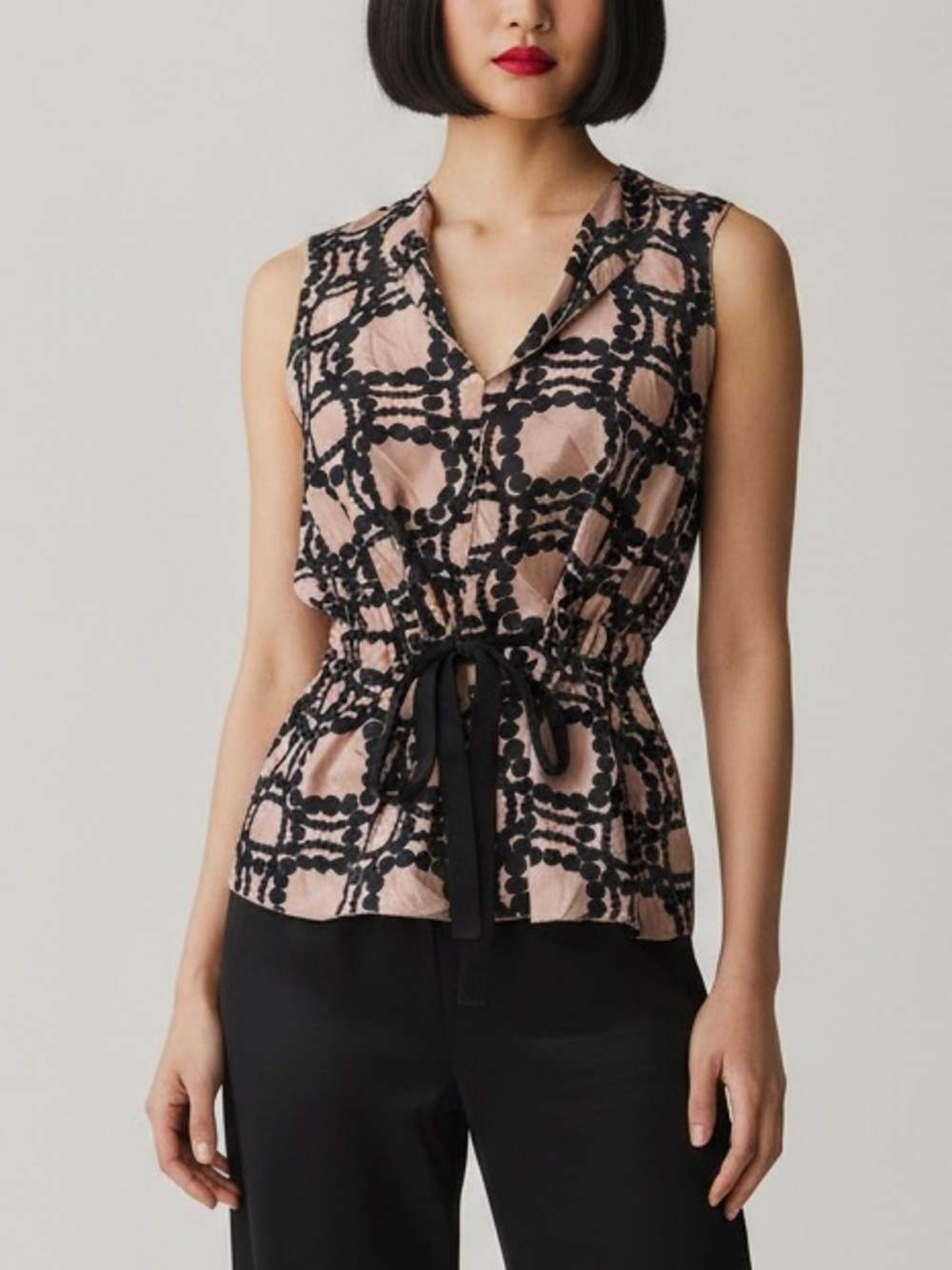 Silk Marni Black and Blush Pink Sleeveless V-Neck Tie Waist Sleeveless Blouse